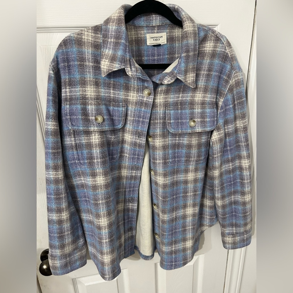 American eagle Blue and Gray Plaid Button-Up Shacket